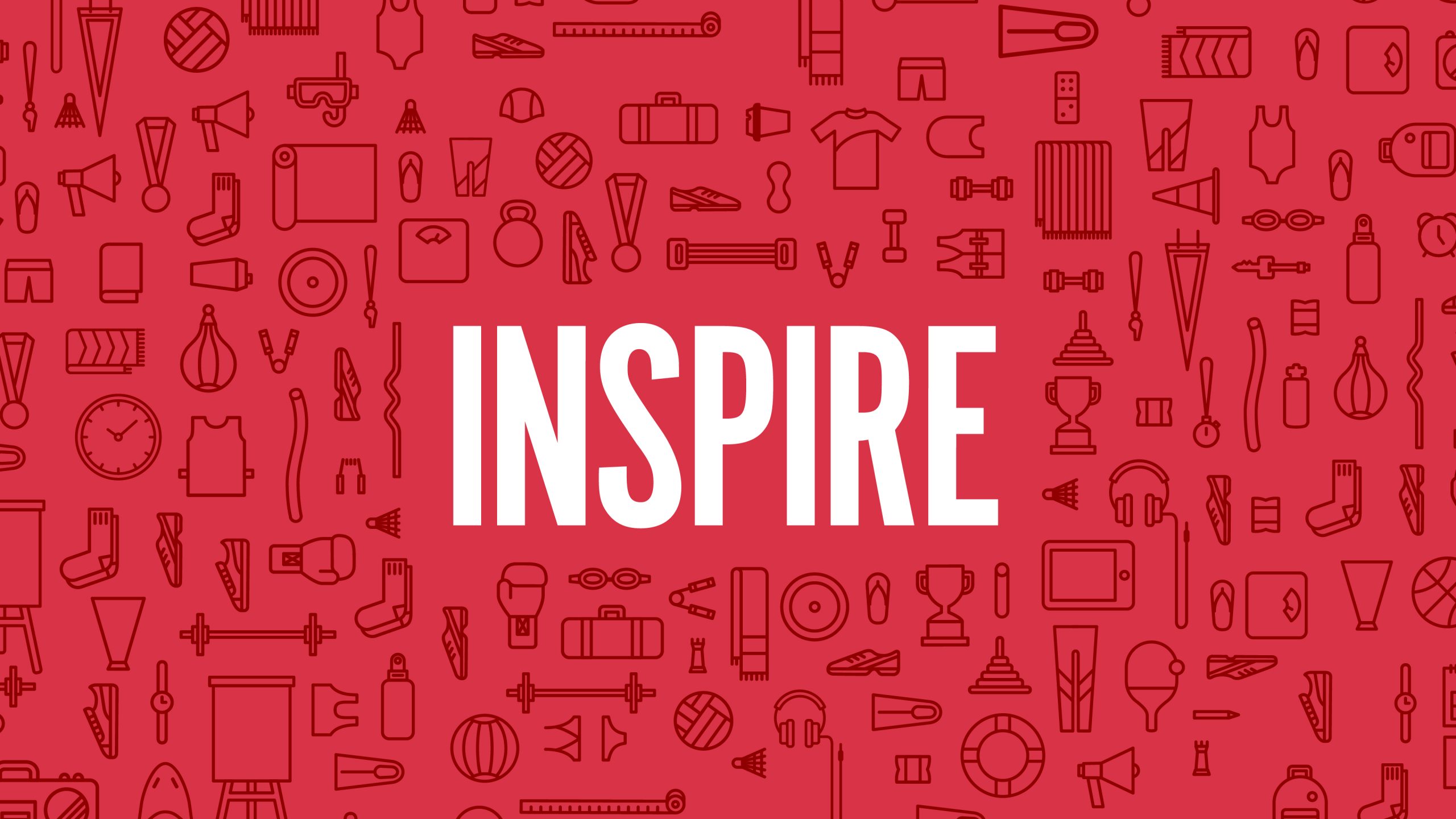 Inspire: environmental branding for the AVLC designed by Helium Design Melbourne. A graphic red panel featuring multiple monotone illustrations of fitness clothing and equipment. Bold typography reading Inspire sits in the middle of the composition.