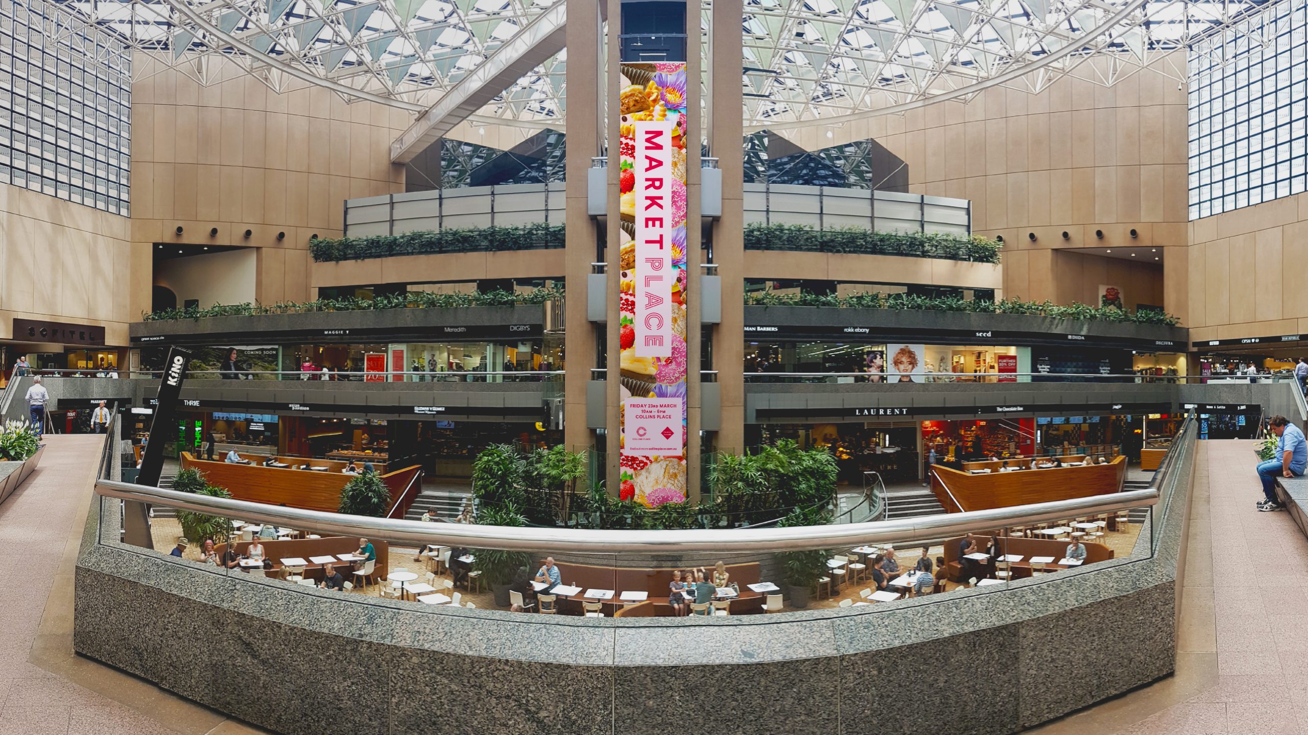 Collins Place Market Place Branding shown on the main lift column of Collins Place Retail Foyer. Design by Helium Design Melbourne.
