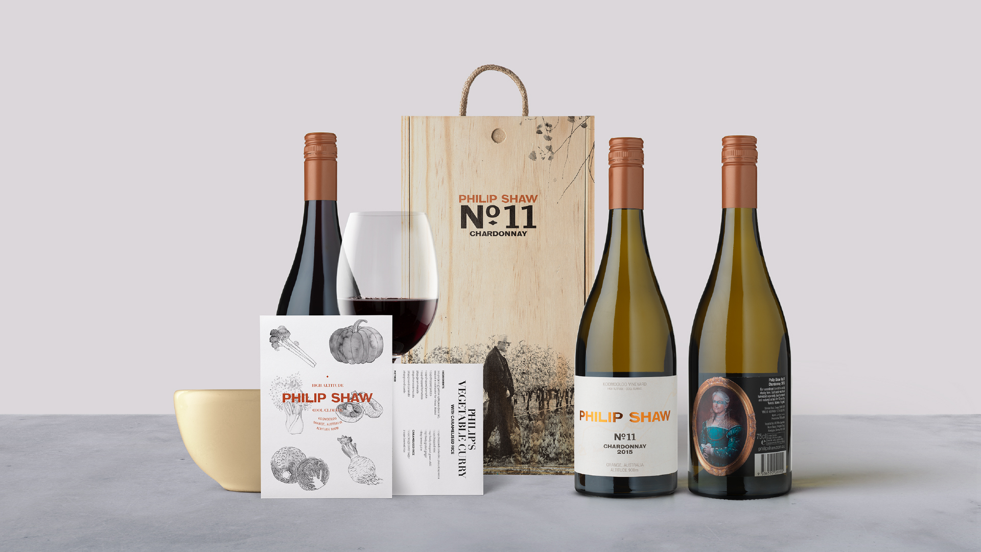 A selection of branded products from Philip Shaw Wines designed by Helium Design Melbourne including bottles, packages, tasting notes and recipe cards.