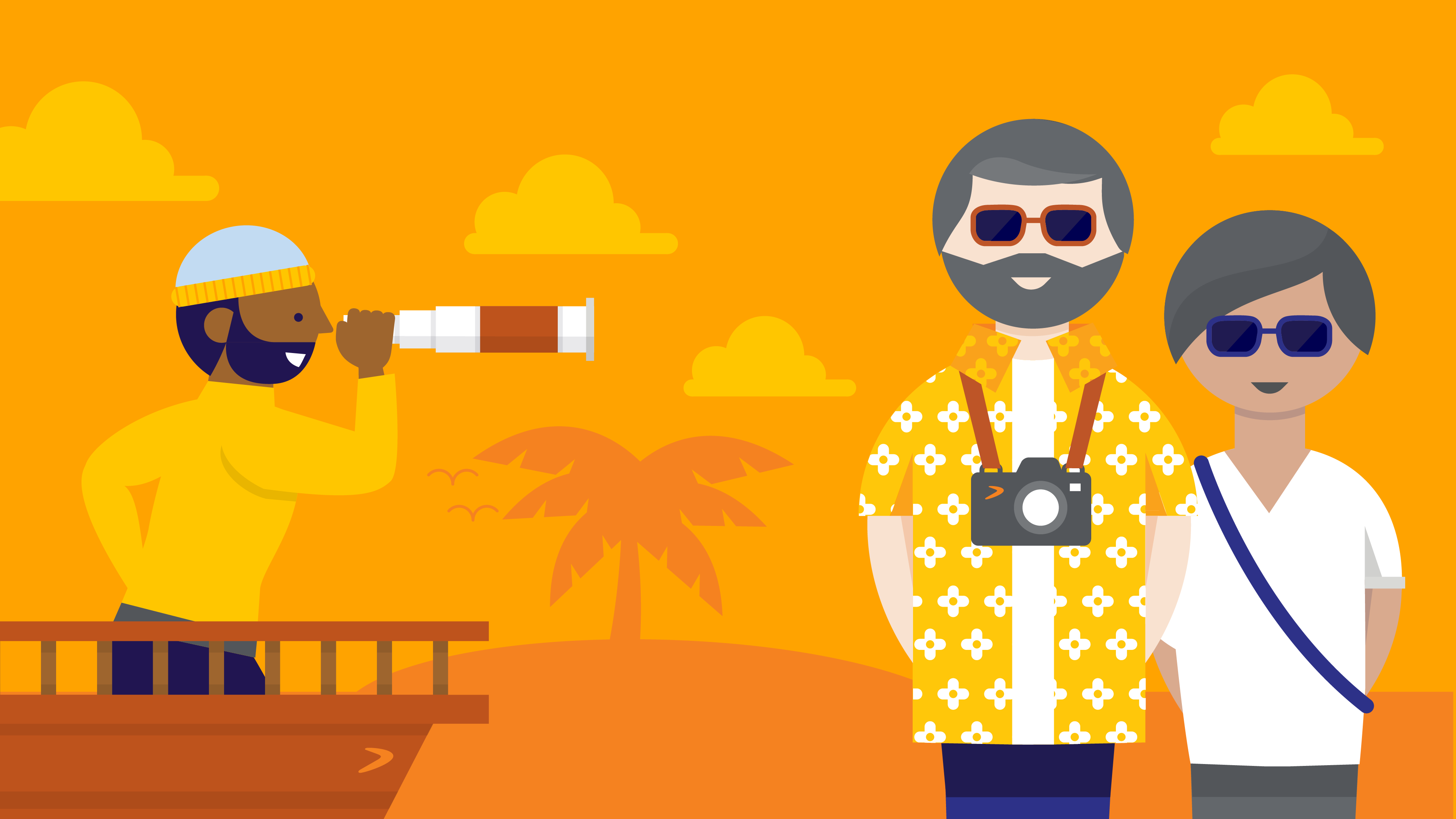 AustralianSuper Illustration. An illustration of two stages of members journey with their superannuation. The 'planner' is depicted as a navigator on a ship. The retiree is depicted as couple holidaying in resort wear. The illustration is in warm golden tones.