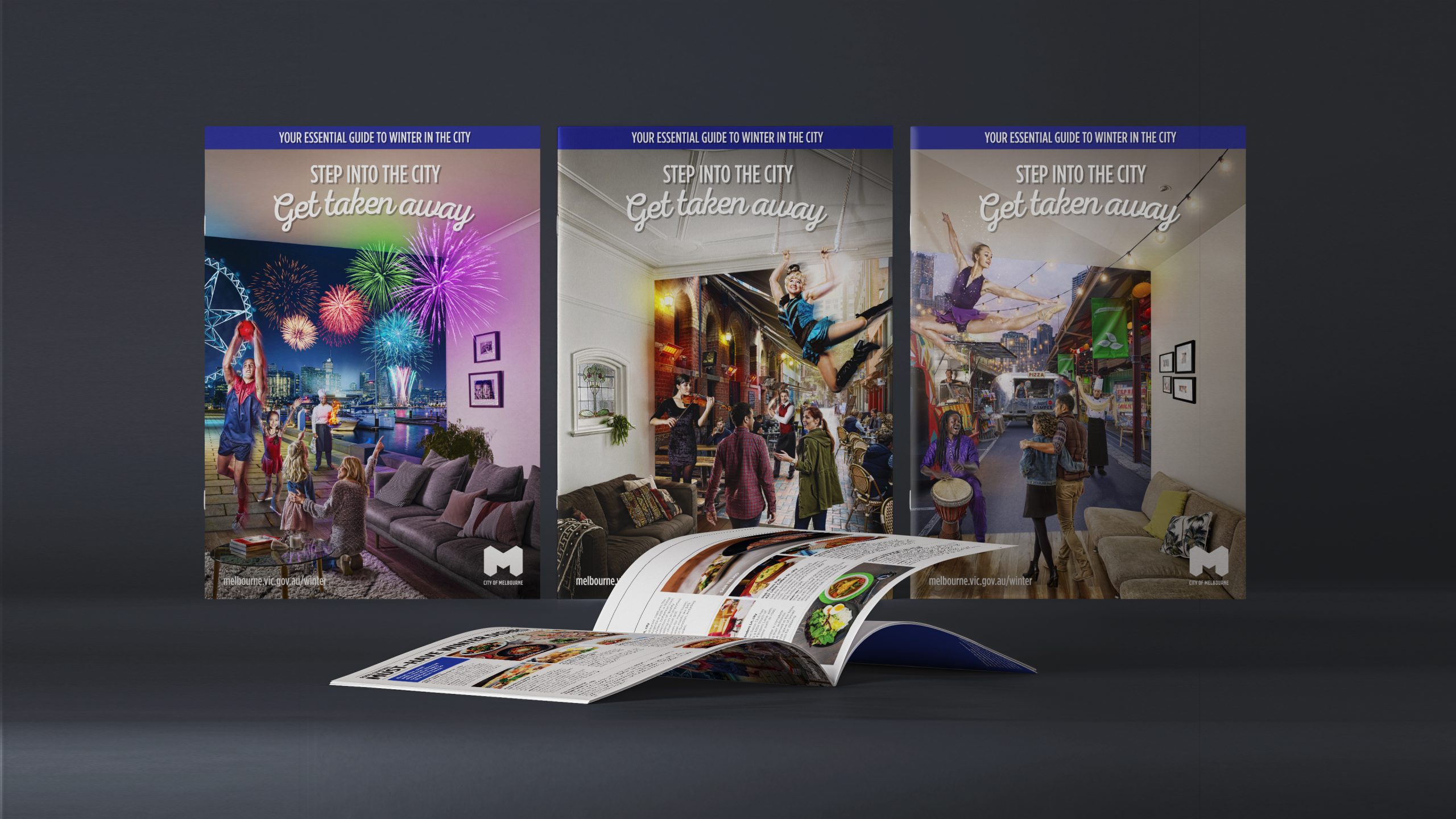 City of Melbourne Winter City Guide covers sitting against a black backdrop. Covers designed by Helium Design Melbourne.
