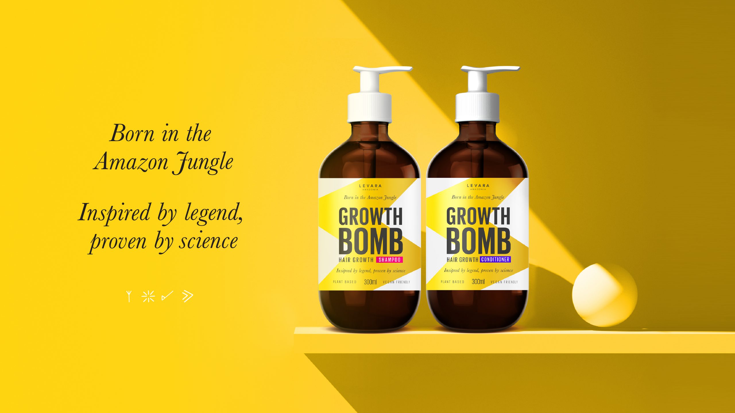 Growth Bomb Har Growth Shampoo Packaging sitting on a shelf in a yellow room setting. Branding and pack design by Helium Design Melbourne.