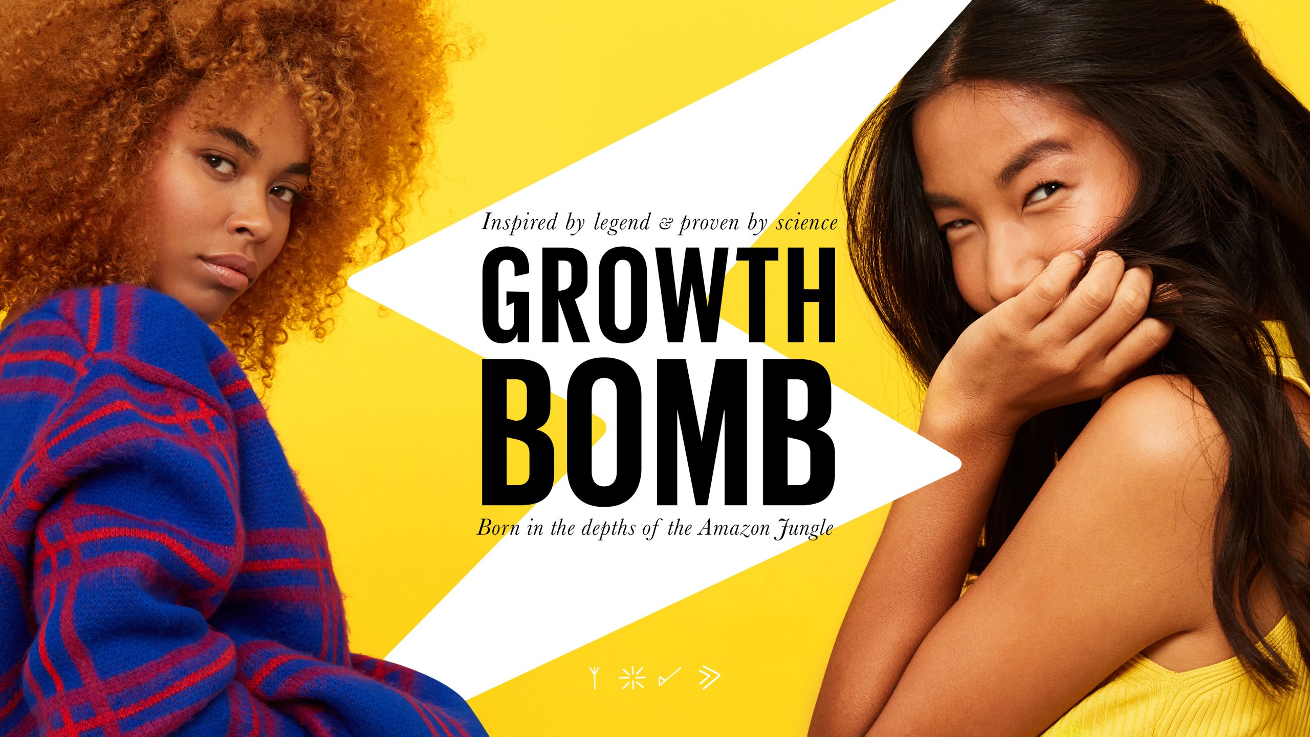 Inspired by legend, proven by science. Introducing Growth Bomb: the secret weapon for hair growth, born in the Amazon. Growth Bomb logotype featuring a lighting bolt designed by Helium Design Melbourne.