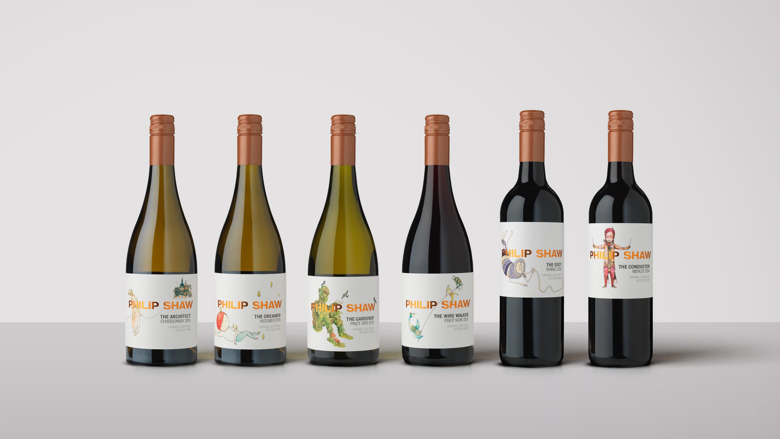 Philip Shaw Wines: The Characters Series. Wine bottles featuring uniquely named character illustrations such as the Idiot, the conductor, the wire walker, the architect. Labels designed by Helium Design Melbourne.
