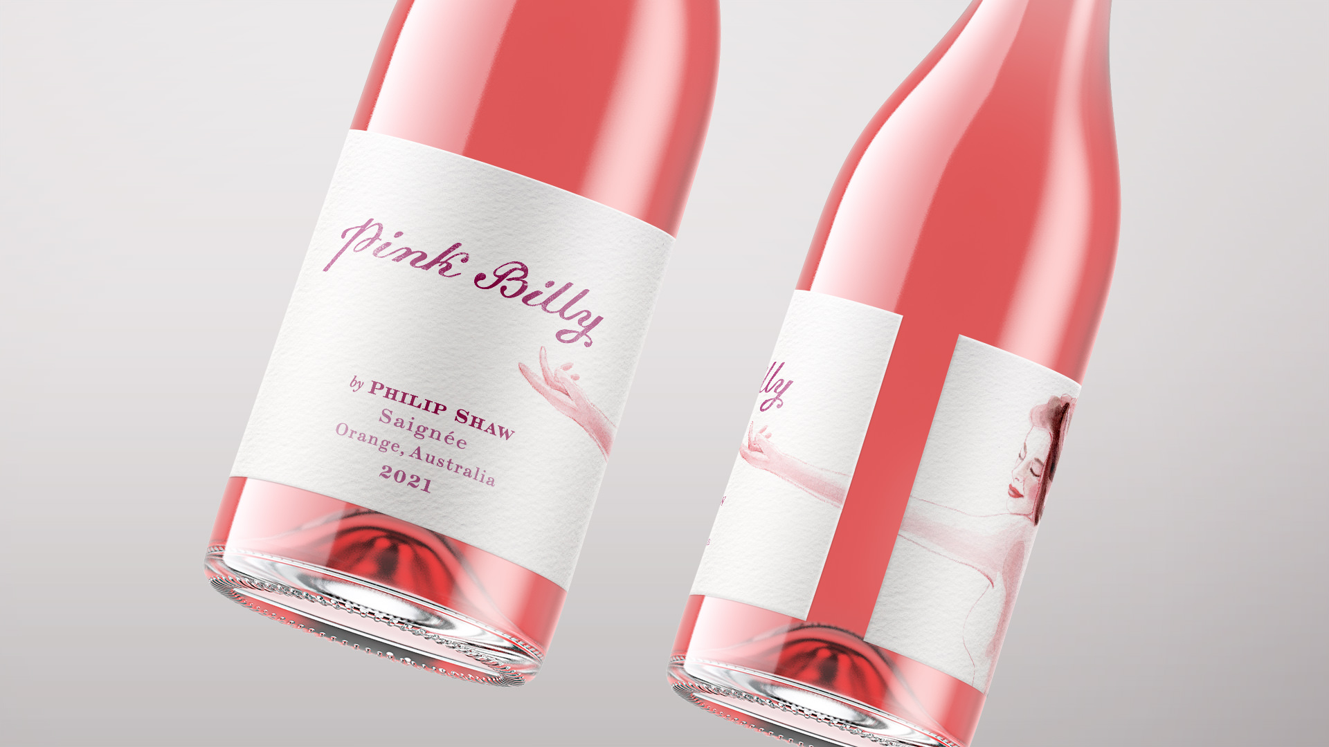 Two wine bottles for the Philip Shaw Saignée named Pink Billy. Imagery shows the wrap around label that features a woman reaching around the back label to be visible on the front label. Label designed by Helium Packaging Design Melbourne.
