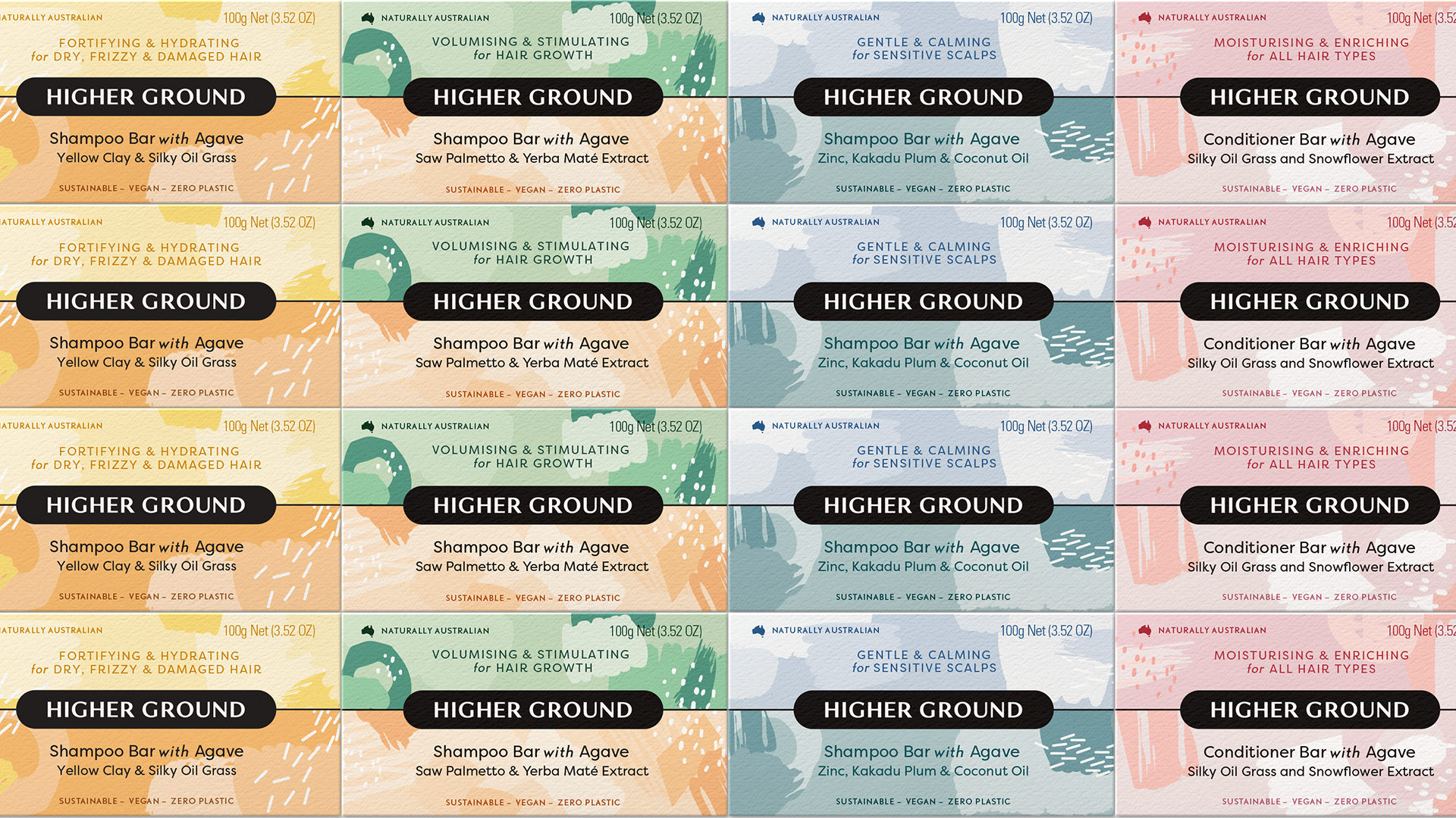 A range of Higher Ground Packs stacked four rows high. Variants include Sensitive, Growth, Calming and Moisturising. Packaging design by Helium Design.