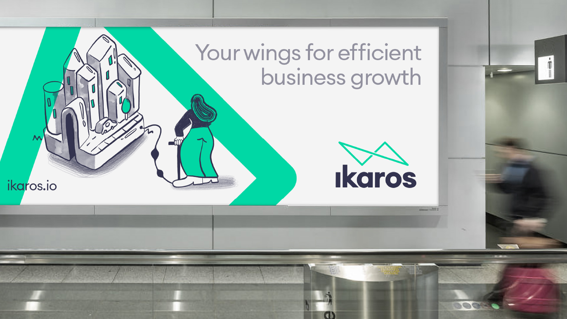 An advertisement on an airport wall displaying the ikaros brand identity and illustration style. Brand identity designed by Helium Design.