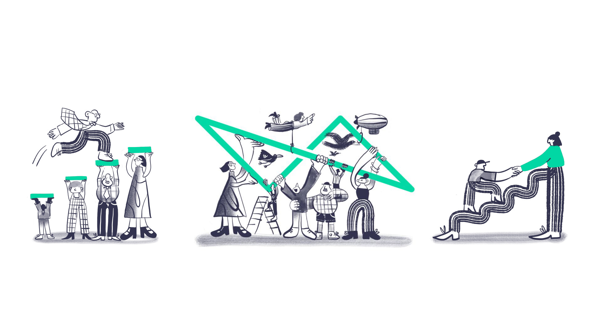 a suite of illustrations showing grow metaphors of people ascending stairs, supporting the logo and walking up a stylised staircase. Branding by Helium Design, illustration by Butters Draws Ltd.