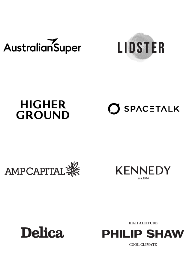 A selection of brand logos including AustralianSuper, Higher Ground, Lidster Wines, AMP Capital, Delica Meats, Kennedy, Philip Shaw