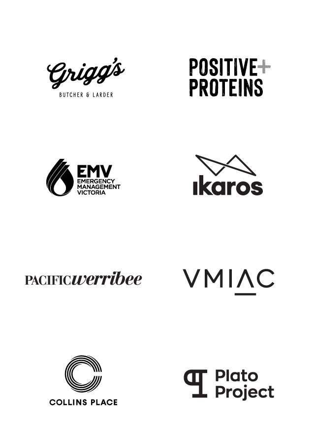 A collection of Helium Design partner brands including Griggs logo, Positive Proteins logo, EMV logo, Ikaros logo, PacificWerribee logo, VMIAC logo, Collins Place logo, Plato Project logo.