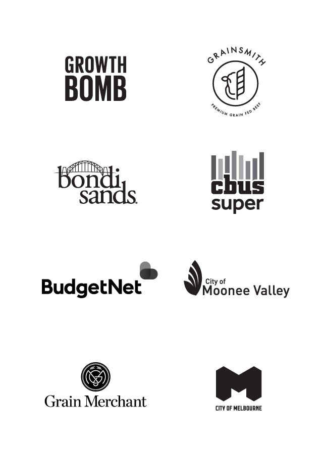A selection of logos Helium has created or worked with including Growth Bomb, Grainsmith, BondiSands, CBUS Super, BudgetNet, City of Moonee Valley, Grain Merchant, City of Melbourne.